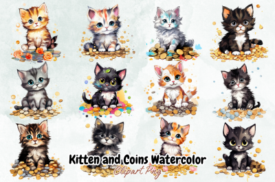 Kitten and Coins Watercolor Sublimation