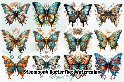 Steampunk Butterflies Watercolor Clipart