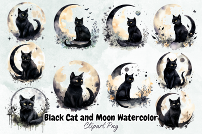 Black Cat and Moon Watercolor Clipart