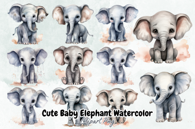 Cute Baby Elephant Watercolor Clipart