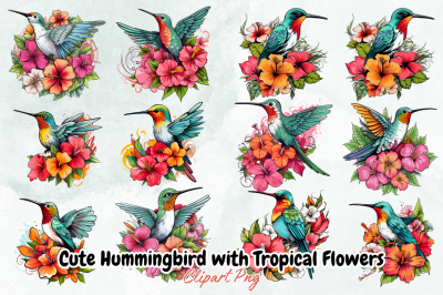 Cute Hummingbird with Tropical Flowers