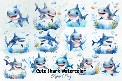 Cute Shark Watercolor Clipartsummer