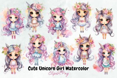 Cute Unicorn Girl Watercolor Clipart