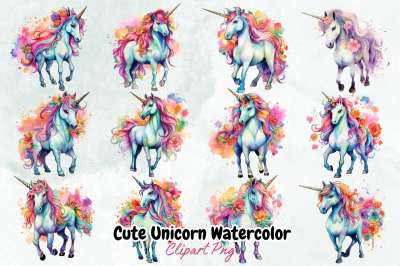 Cute Unicorn Watercolor Clipart