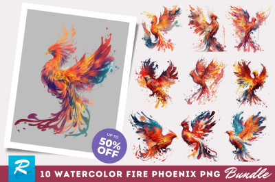 Watercolor Fire Phoenix Clipart Bundle