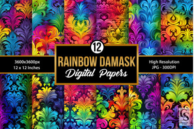 Rainbow Damask Pattern Digital Papers
