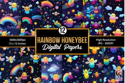 Rainbow Honeybees Seamless Pattern Digital Papers