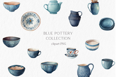 Blue pottery collection Watercolor Clipart PNG
