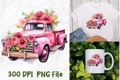 Breast Cancer Pink Vintage Truck Flower