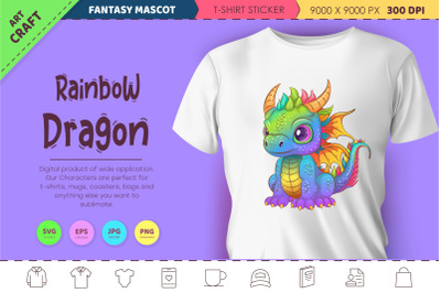 Rainbow cartoon dragon. Fantasy clipart.