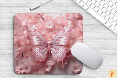 3D Pink Butterfly On Flowers Mouse Pad