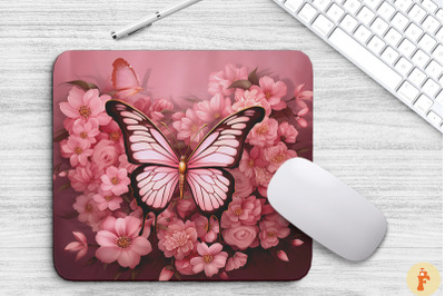 Pink Butterfly And Flowers Mouse Pad