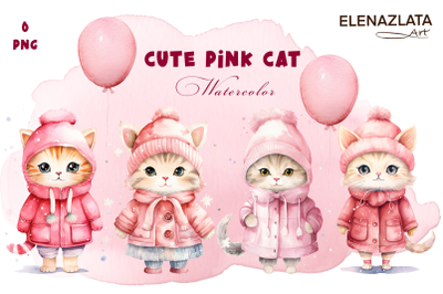 Winter Cute Pink Cat Watercolor Sublimation PNG