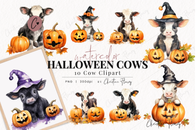 Watercolor Halloween Cows Clipart