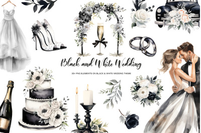 Watercolor black and white wedding clipart. Elegant monochrome wedding