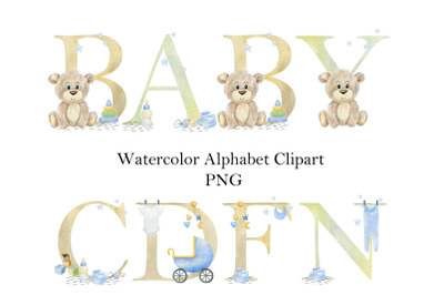 Watercolor baby boy alphabet.