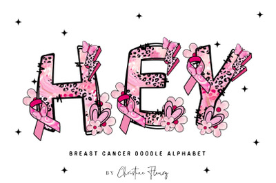 Pink Breast Cancer Doodle Alphabet PNG