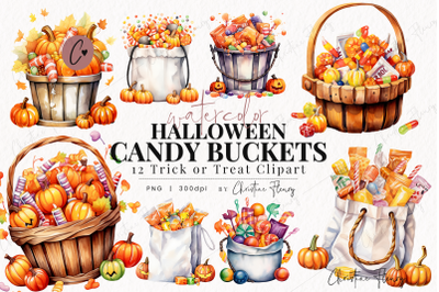 Watercolor Halloween Candy Buckets PNG