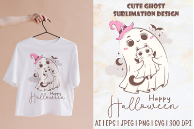 Cute ghost with cat sublimation design