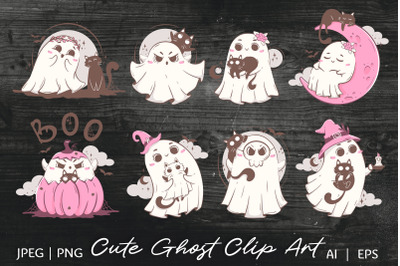 8 Cute ghost with cat | Groovy pink halloween clipart