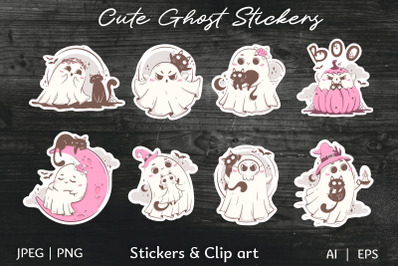 Cute Groovy ghost with cat halloween stickers