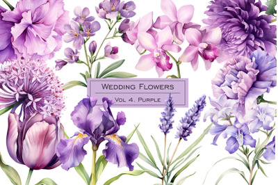 Watercolor purple wedding flowers clipart. Pastel purple flower clip art. Purple color plants collection. Purple floral wedding watercolor set.