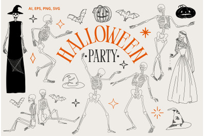 Halloween Party. Dancing Skeletons Line Art Vector SVG