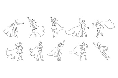 Continuous one line superhero kids. Children fly with hero cape, super