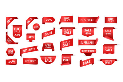 Sale tags. Red ribbon discount labels, special offer badges and promot