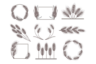 Hand drawn wheat decor. Ear of wheat frame, harvest border and divider