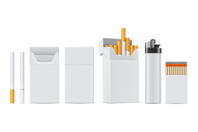 Cigarette product mockup. Realistic cigarettes, white lighter, pack of