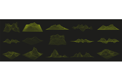 Wireframe landscapes. Futuristic 3D graph grid, cyber mesh mountains a