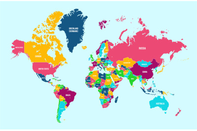 Political world map. Detailed continents, countries borders and names