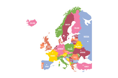 Colorful Europe map. Countries and borders, political map of Europe co