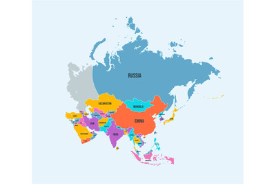 Asia continent political map. Tapestry of Asia with country borders an