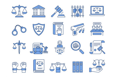 Law icons. Scales of justice, court and lawyers symbols. Judges gavel,