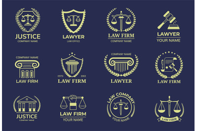 Law emblems. Lawyer badge template with scales of justice, judges gave