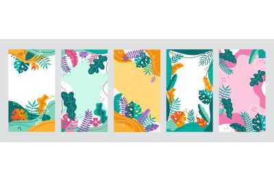 Tropical frame template. Social media story backgrounds with leaves of