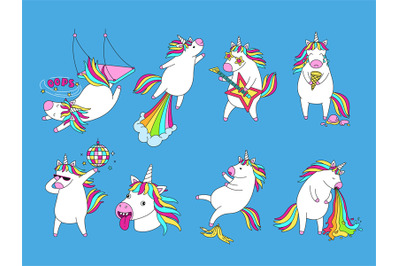 Goofy cartoon unicorns. Funny dumb magic unicorn face, failure fall an