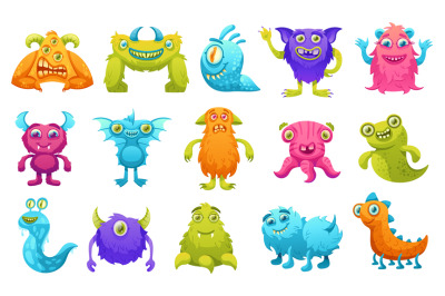 Cartoon monsters. Colorful funny creatures, furry monster and cute spa