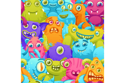 Cartoon monsters pattern. Funny crowd of colorful aliens, monster crea