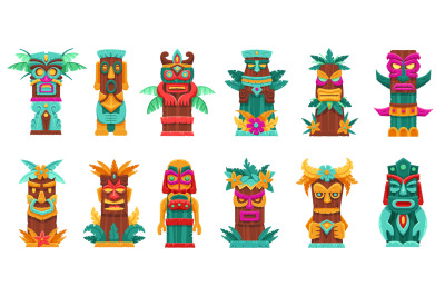 Cartoon tiki totem. Tropical wooden mask statue, tribal island bamboo