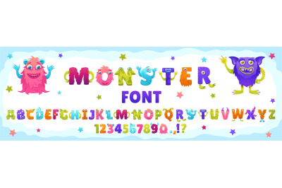 Cartoon monster font. Funny creatures ABC, playful crazy characters le