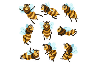 Cartoon bees. Cute bee character in different poses, flying honey bee