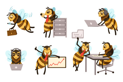 Cartoon office bees. Busy bee mascot for customer service or support.