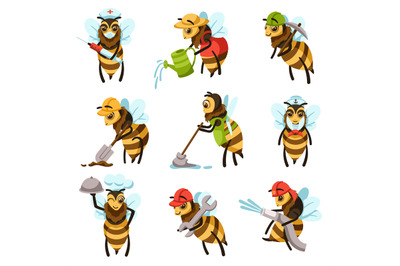 Cartoon bee workers. Cute bees of different professions, diligent work