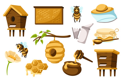 Cartoon honey production items. Honey bees, beehive, honeycomb and bot