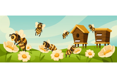 Cartoon apiary. Honey bees fly around hives and blooming flowers at fl