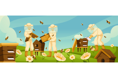 Cartoon beekeepers at apiary. Honey bees flying around beehives in flo