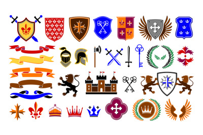 Antique heraldic emblem templates. Traditional medieval weapon and shi